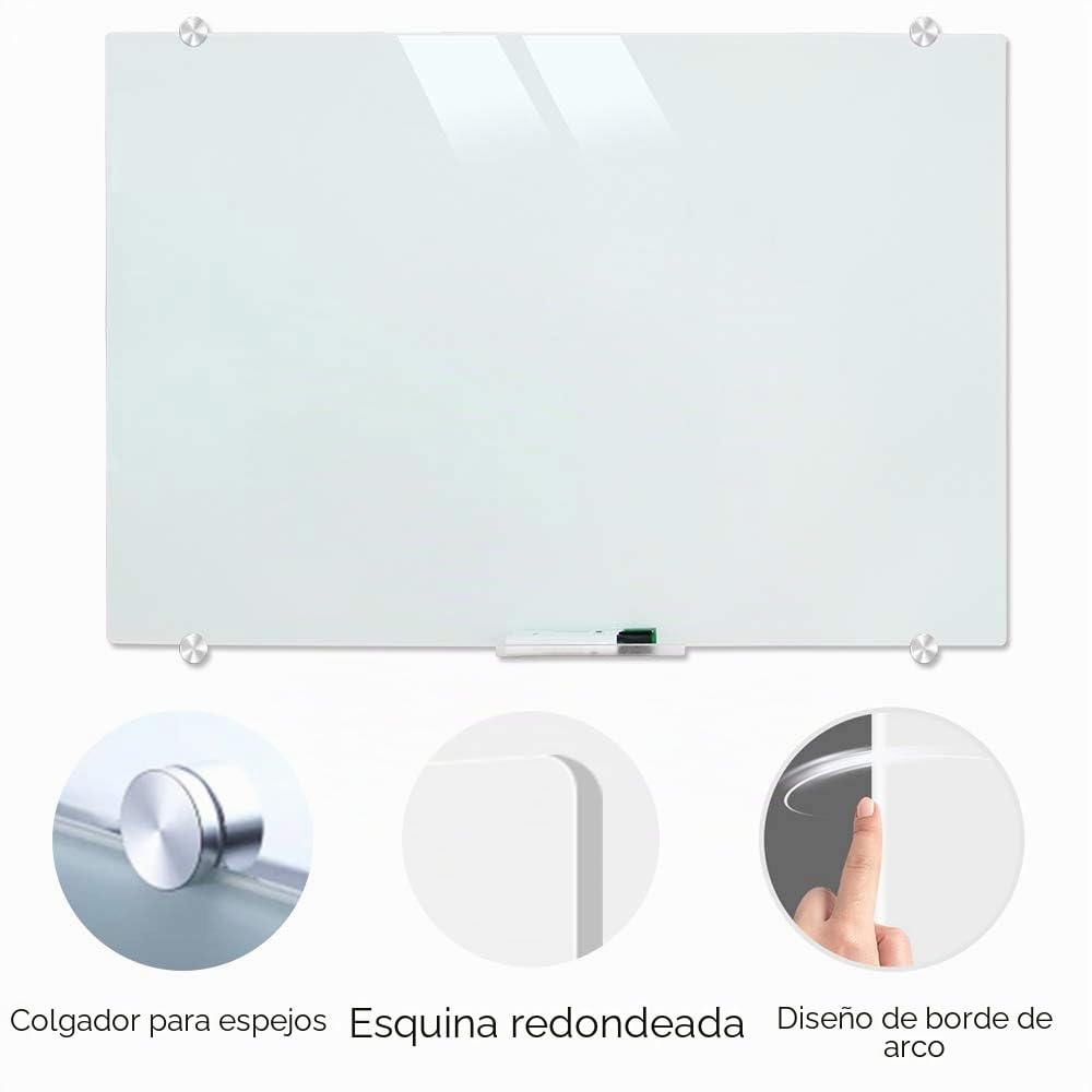 XIWODE Pizarra magnética de cristal de borrado en seco, 90 x 60 cm, pizarra blanca de cristal templado, sin marco, superficie blanca esmerilada