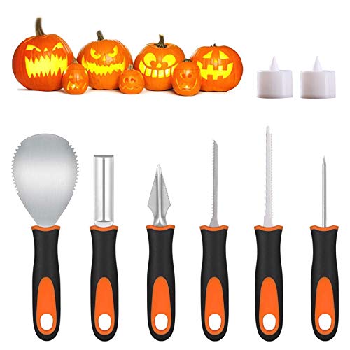 Voneta Halloween Pumpkin Carving Kit 6 PCS with 2 LED Candle Lights Sturdy Stainless Steel Pumpkin Carving Tools Set for Carving Jack-O-Lanterns(Orange, Reusable)