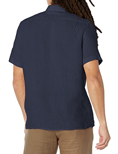 Lacoste Contemporary Collection's Men's Short Sleeve Regular Fit Linen Casual Button Down Shirt With Front Pocket, Navy Blue, X-Large #TOP1