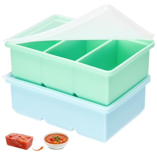 2PCS Contenitori Congelatore in Silicone con Coperchio 3x220ml – Stampo Porzioni per Zuppa, Brodo, Salsa e Pappa Neonato – Impilabili, Senza BPA, Facile Estrazione, Cooking e Meal Prep (Blu+Verde)
