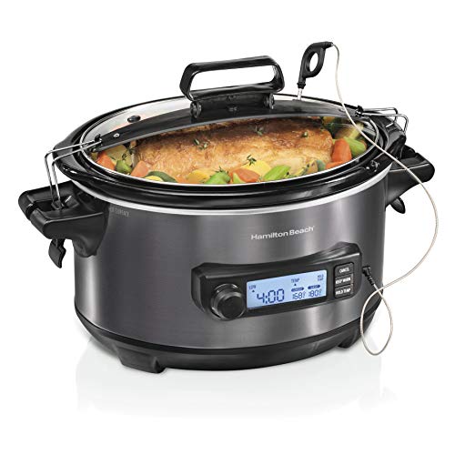 Comparison: Hamilton Beach Slow Cooker 3 Hamilton Beach Portable 6 Quart Set & Forget Digital Programmable Slow Cooker with Lid Lock, Temperature Probe, Dishwasher Safe Crock & Lid, Black Stainless (33866)