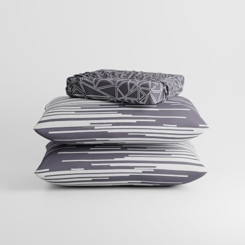 Image of Stoa Paris 100% Cotton King Size Fitted Bedsheet with 2 Pillow Covers, 180TC Printed Bedding Set, All-Season Comfort, Soft & Lightweight, Home Decor, Urbanscape - Lavender Matrix (182cmx198cm+30cm)