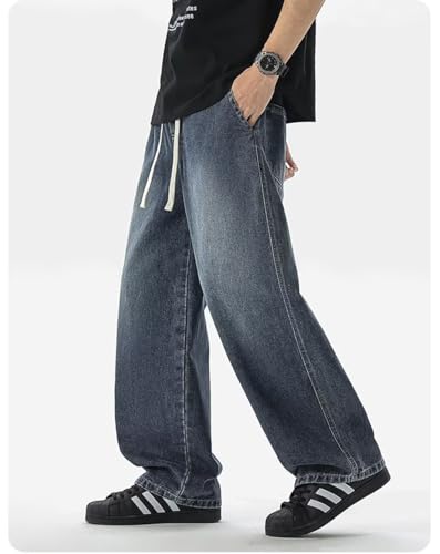 Mens Relaxed Straight Jean Elastic Waist Wide Leg Denim Pants Casual Loose Fit Long Trousers Streetwear MZA192