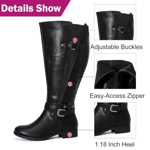 Image of Luoika Women's Extra Wide Calf Heeled Knee High Boots. | Wide Width, Winter Boots, Block Heel, Adjustable Buckle, Round toe