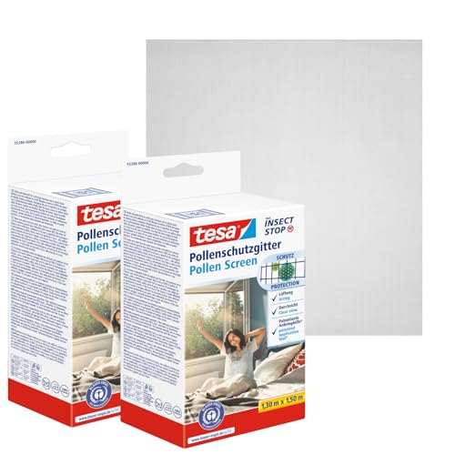 tesa Pollenschutzgitter im 2er Pack- zuschneidbarer, transparenter Pollenschutz für Allergiker - für nach innen öffnende Fenster - inkl. selbstklebendem Klettband - Anthrazit - 2x 130 cm x 150 cm