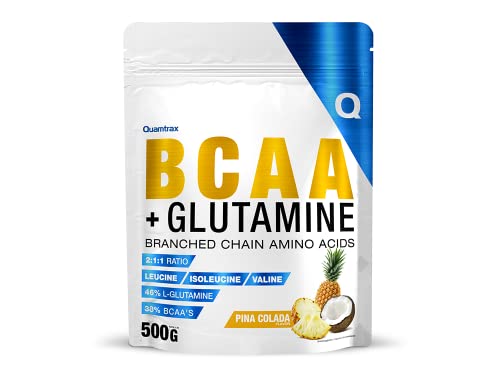 Quamtrax Nutrition - BCAA + Glutamine (Aminoácidos de Cadena Ramificada + L-Glutamina) - 500 g - Sabor Piña Colada - Recuperación muscular, reducción de la fatiga, mejora del rendimiento