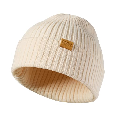 FUQILA 100% Superfeine MerinoWolle Mütze Klassische Wollmütze Thermo Beanie Warme Wintermütze für Damen & Herren (DE/NL/SE/PL Alphanumerisch Einheitsgröße 61 Beige)