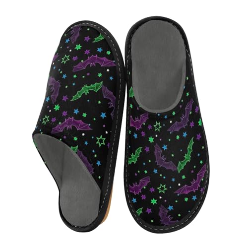 ODAWA Neon Bats Purple Green House Slippers for Woman Men, Winter House Slippers with Memory Foam Anti-Skid Sole Size 4-5