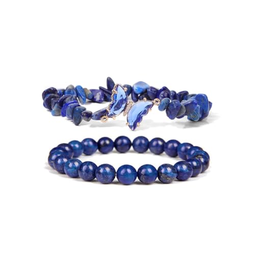 Image of COLORFUL BLING 2Pcs Natural Irregular Chip Stones Butterfly Bracelet Set Gemstone Healing Chakra Crystal Bracelet Reiki Yoga Bead Stretch Bracelet Jewelry Mediation Gifts