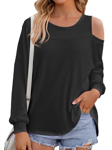 Fisoew Womens Cold Shoulder Tops Casual Long Sleeve Crewneck Basic Loose Fall Fashion T Shirts