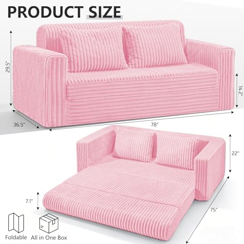 Image of HABUTWAY 78 inch Loveseat Boneless Couch, 4-in-1 Convertible Sofa Bed, Plush Fur Folding Futon Sofa Bed Couches with 2 Pillows for Living Room, High-Density Foam Support, No Assembly Required, Pink