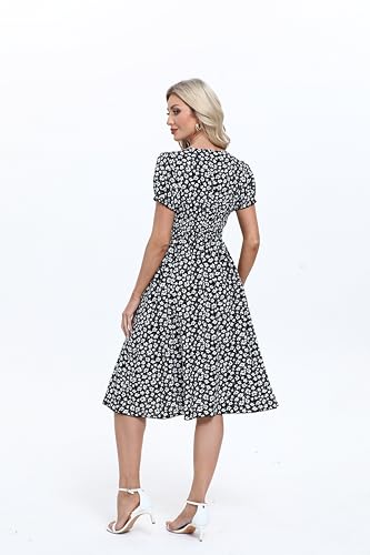 Image of Women's 2026 Summer Boho Floral Midi Dress Casual Square Neck Puff Sleeve A Line Dresses with Pockets