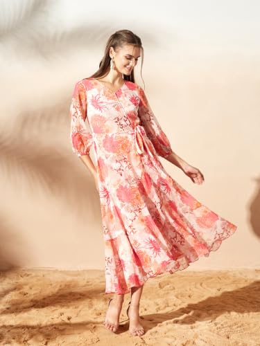 Image of Miss Chase Women's Multicolored Black Floral V-Neck 3 /4 Sleeve Wrap Chiffon Midi Dress