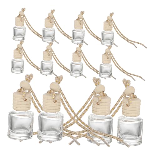 LRXIYODE 12個 透明ガラス香水瓶 木製蓋付き ミニ香水容器 車用アロマディフューザー 吊り下げ可能 インテリア装飾 精油対応