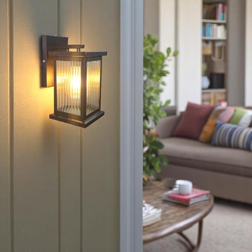 Image of GreyWings Classic Outdoor Wall Light for Home, Brown Metal Frame with Ribbed Glass, E27 Big Threaded Holder, Wall Lamp, Pack of 2