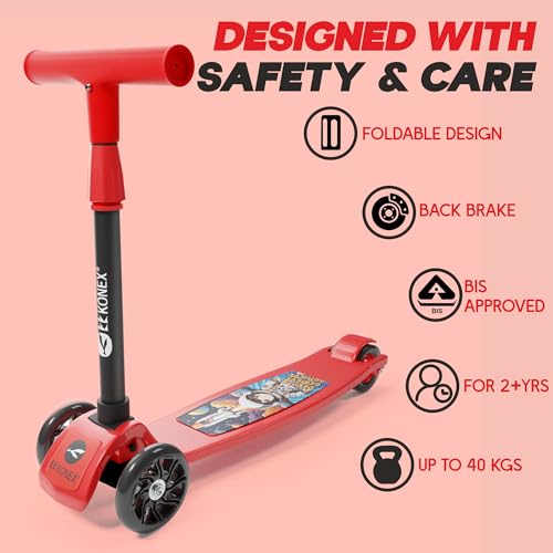 Image of Konex Kick Scooter for Kids (2+ Years) | 3 Broad Rubber Wheels for Smooth Ride | 4-Level Height Adjustable Handle | Foldable & Portable with Back Brake | Holds Up to 40 kg (Red-Black)