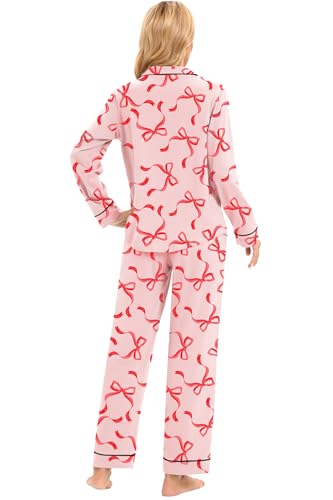 Image of LUBOT Christmas Pajamas for Women 100% Cotton Pajama 2 Piece PJ Set Soft Long Sleeve Button Xmas Print Loungewear XS-XXL