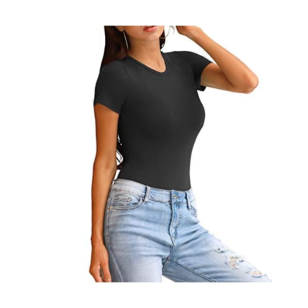 LAOLASI Women's Crew Neck Neck short sleeves Slim Fit Casual Basic Bodysuit Daily Jumpsuit T Shirts, Black, Medium