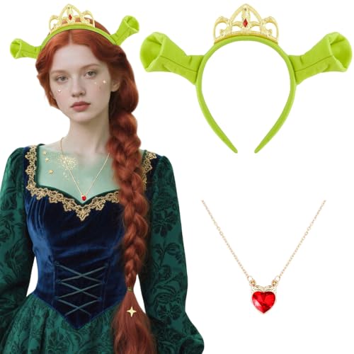 Srotmirw Green Ogre Ears Headband with Princess Crown Necklace Set for Women Halloween Parties Cosplay Costume Accessories