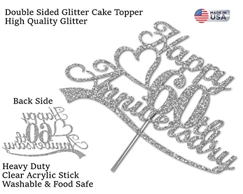 60Th Anniversary Silver Glitter Cake Topper, 60 Wedding Anniversary Party Decoration Ideas, Premium Quality, Sturdy Doubled Sided Glitter, Acrylic Stick. Made In Usa (60Th Silver) #TOP2
