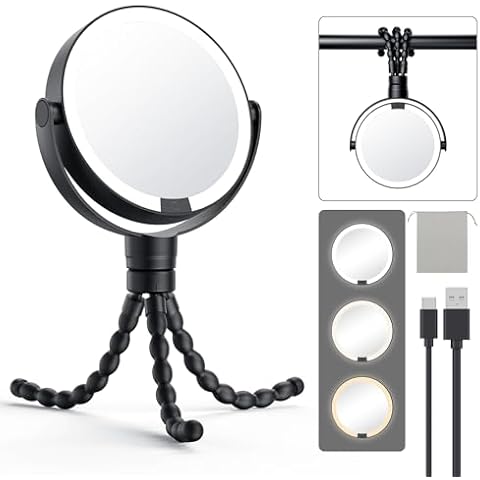 Gospire 5.85” Tripod Travel Makeup Mirror with Light and Magnification 1X/10X, 4 in 1 Winding Hanging Handheld Tabletop Mirror, 3 Color & Adjust Light Round Travel Mirror for Friend – Black Cover
