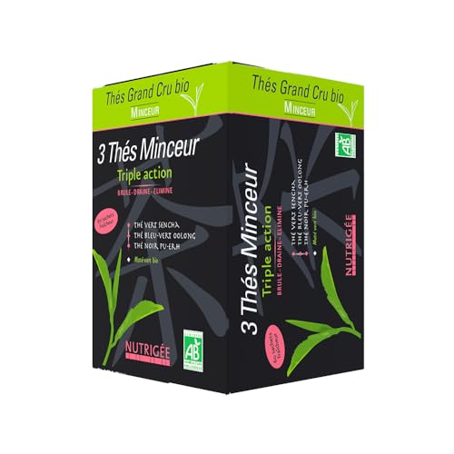 3 TÉS adelgazantes orgánicos • Quema • Drenaje • Elimine • Té Verde SENCHA • Té Azul-Verde OOLONG • Té Negro PU ERH • MATADO • 60 Bolsas • Fabricado en Francia • Nutrigado