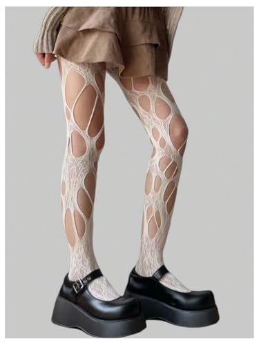 WDIRARA Women's Hollow Out Pantyhose Ripped Tights High Stockings for Rave Punk Y2k Pure White One Size2