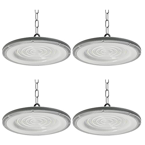 Blivrig 4PCS 200W 24000LM Campana LED Lampara Industrial UFO Blanco Frío 6500K Interior, Alto Techo Luz con Cadena Metálica, 288 Focos LED Impermeable IP65, para Naves, Muelle, Fábricas, Almacén