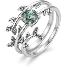 Natural Moss Agate Leaf Rings for Women 925 Sterling Silver Green Moss Agate Adjustable Rings #6-9