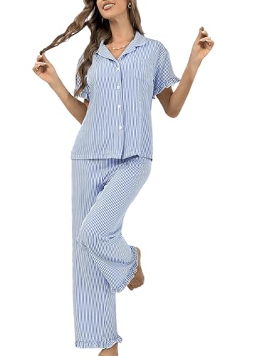 WDIRARA Women's 2 Piece Stripe Button Front Pocketed Shirts and Pants Ruffled Hem Pajama Set