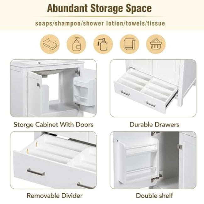 Contemporary Bathroom Vanity Combo Featuring Ceramic Undermount Sink, Storage Cabinet with Soft Close Doors £¦ Divided Drawer, Double Layered Shelves, Overflow Protection, Solid Wood Frame (White 30)