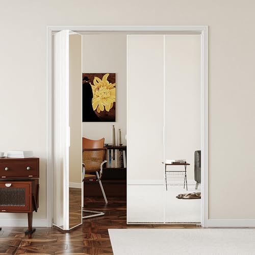 Image of Bifold Door for 60 inchx80 inch Opening, Preassembled Aluminum Alloy Mirrored Folding Door with Hardware Kit Included, Interior Bi fold Barn Door for Bedroom & Closet, White