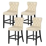 GOOLON Bar Stools Set of 4, PU Leather 26 Counter Height Stools with Button Tufted Back, Rivet Trim Bar Chairs for Kitchen Island Wood Frame Legs, Beige
