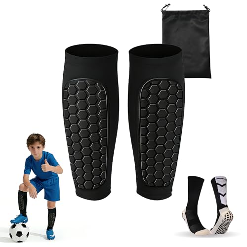 Image of JANORS Football Shin Pads Guards for Kids,Honeycomb Anti-collision Shin Guard,Elastic, Non-Slip Shin Defender Kids Includes Soccer Socks and Storage Bag