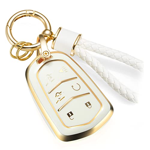 Image of for Cadillac Key Fob Cover with Metal Braided Rope Keychain, Upgraded Soft Key Case for 2015-2019 Escalade CTS SRX XT5 ATS STS CT6 (6 Buttons) (Gold Edge)