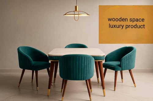 Image of WOODEN SPACE Majestic 4 Seater Wooden Dining Table Set | Urban Marble Top Dining Table with Chairs for Dining Room & Kitchen (Sea Blue)