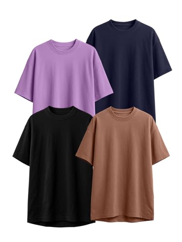 Image of Veirdo 100% Pure Cotton Oversized Loose Fit Half Sleeve Solid Core Round Neck Multicolor T-Shirt Combo for Men & Boys (Pack of 4)