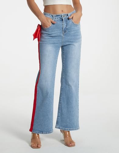 Kedera Womens Side Stripe Wide Leg Jeans Bow Ribbon Flared Denim Pants Y2K Trendy Casual Straight High Waisted Trousers2