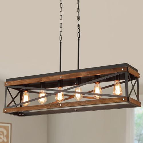 Rustic Farmhouse Wood Kitchen Island Lighting, 6 Lights Rectangular Pendant