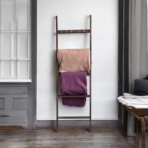 Emir&Odin Blanket Ladder – 5 Tier 60’’ inc Wooden Blanket Ladder, Living Room Home Decor, Wall Decorative Shelves for Livingroom Furniture (Dark Brown)