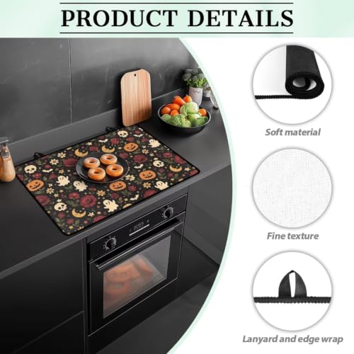 Image of Induction Stove Top Cover Protector, Halloween Flat Top Stove Decor Cover Mat, Universal Stove Top Cover for Electric Cooktop, 29 x 21 Inch, Ghost Pumpkin Skull Flower Print