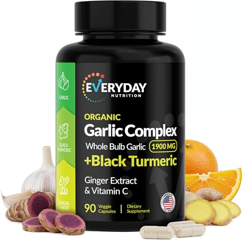 4-in-1 Organic Odorless Garlic 1900mg with Black Turmeric, Ginger & Vitamin C | Immune, Heart*&...