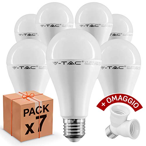 7 pezzi, Lampadine LED V-Tac E27, 15W (1350 lumen equivalenti a 90W), Forma: Bulbo, Luce Bianco Caldo, Naturale o Freddo + 1 Sdoppiatore Omaggio