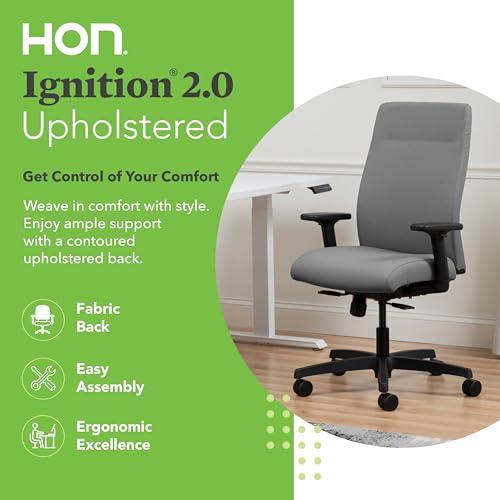 Image of HON Ignition 2.0 Ergonomic Office Chair with Adjustable Arms, Standard Synchro‑Tilt Recline, Upholstered Desk and Computer Chair for Home Office or Workstation, Black Frame, Frost
