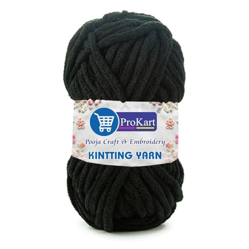 Image of ProKart Premium Blankie Wool, Plush & Cuddly, Chenille Yarn Supersoft Hand Knitting Wool Ball | Blanket Thick /Mottu Yarn Ball Suitable for Hand Knitting and Crocheting (Black, 100gms x 1 Pack)