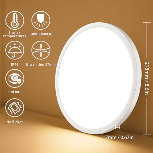 22cm LED Deckenleuchte Flach,5 Farben-3000/3500/4000/5000/6500K Deckenlampe,IP44 Wasserfest Badezimmer Lampe Decke,18W Ultra Dünn Rund Lampen für küche Badezimmer Schlafzimmer Flur Wohnzimmer (22cm)