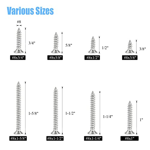 Kit 200 tornillos autorroscantes #8 cabeza plana Phillips acero inoxidable miniatura 3