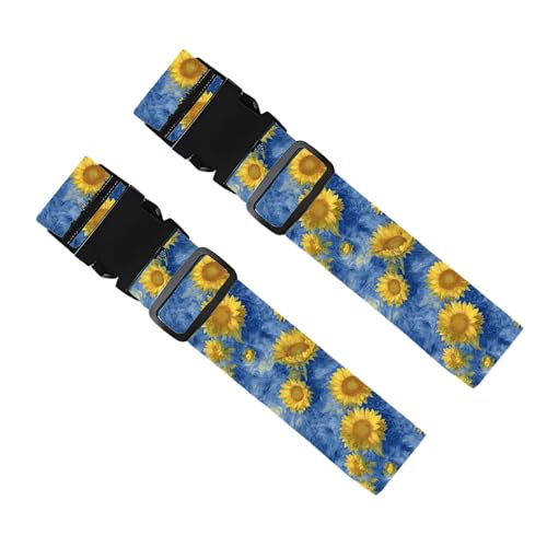 Image of 2 Pack Luggage Straps for Suitcases, Adjustable Travel Belt with Buckle, 2 inch Wide Heavy Duty Suitcase Straps for Summer Vacations, Starry Night Sunflower Pattern, Travel Essentials, Blue /Multi