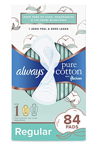 Always Pure Cotton with Flexfoam Pads, Size 1, 84 Count, Regular Absorbency