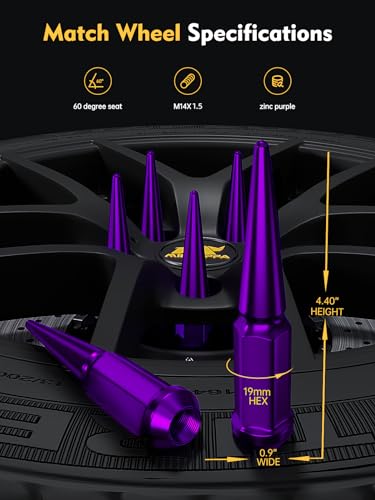 Image of MIKKUPPA M14x1.5 Wheel Spike Lug Nuts, 32 PCS Purple Spiked Lug Nuts 14mmx1.5 Solid 4.4 inch Tall Acorn Lug Nut with 1 Socket Key Replacement for Chevy Silverado 1500 2500 3500, F150 F250 F350